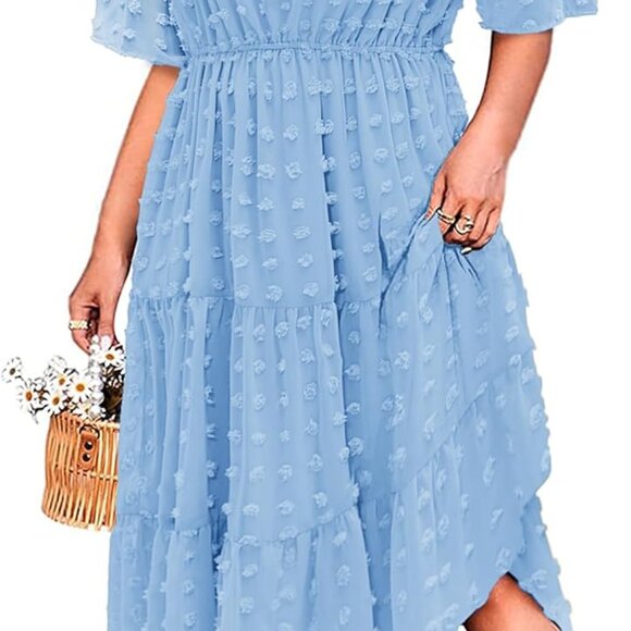 Plus Size Swiss Dot Chiffon Dress Short Sleeve High Waist A Line - Picture 1 of 5